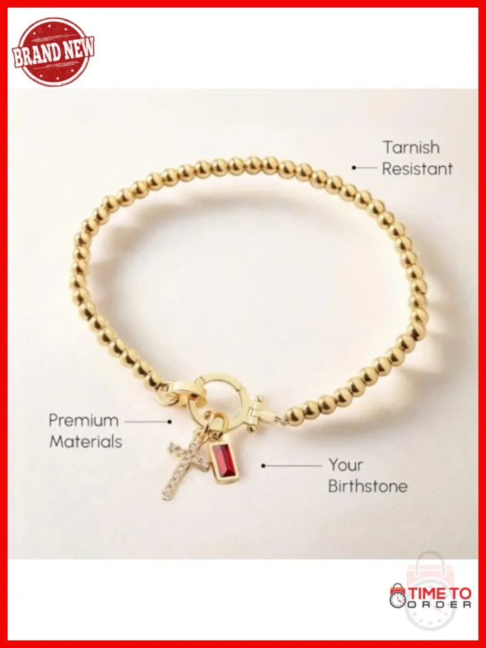 Stretch Birthstone Cross Charm Bracelet - 18K Gold Plated Over Brass